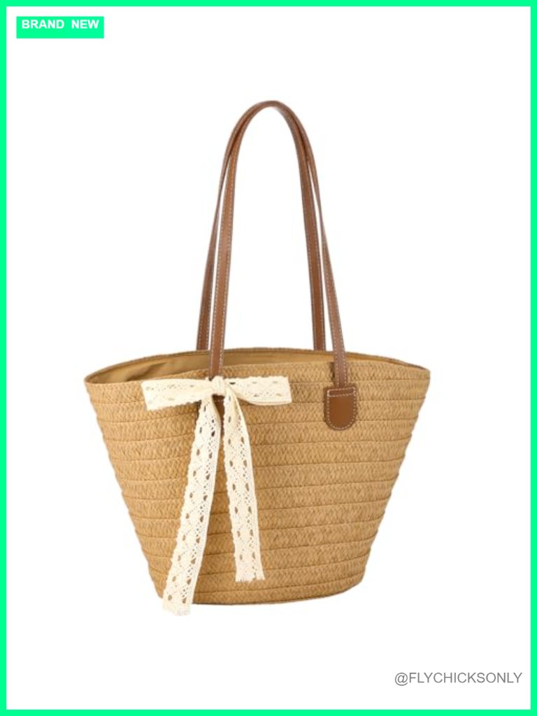 Large Straw Tote Bag With Zipper Inner Pocket Woven Beach Purse Shoulder Handbag